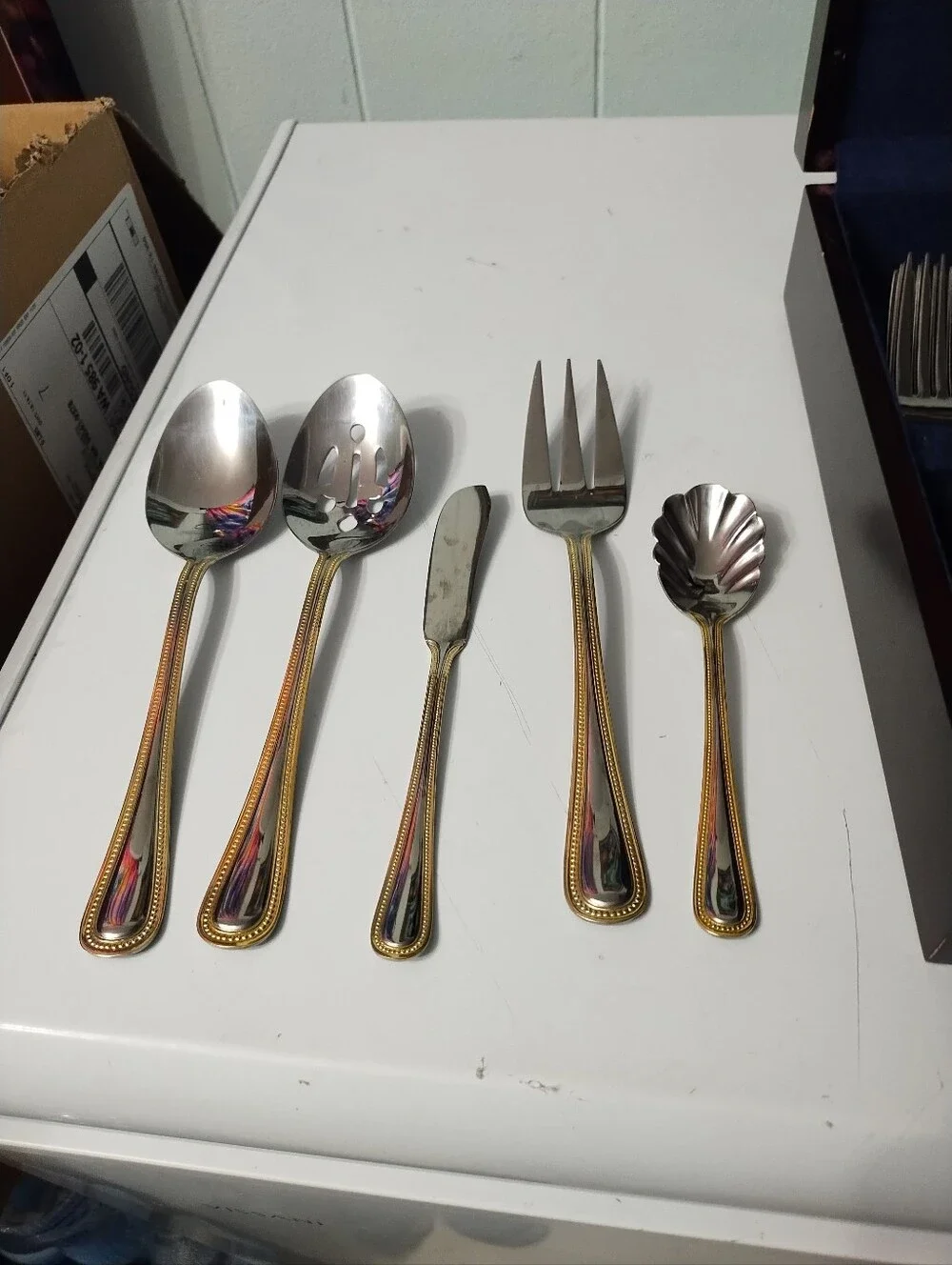 Vintage Gold-Trim Stainless Steel Flatware Set With Salts & Peppers, Napkin Ring